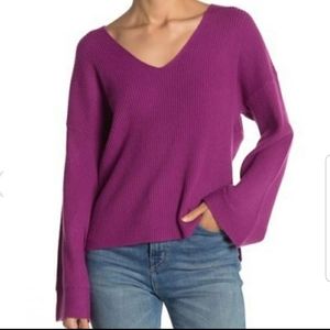 Free Press! Purple Ribbed V-neck Oversized Sweater Bell Sleeves NWT Size XS